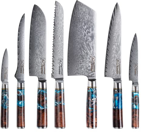 Tsume Profi Set Sturm, Messerset mit 7 Premium Küchenmessern, Echte Damast Küchenmesser, 67 Schichten VG10 Edelstahlkern mit Sturmigem Kunstharz Handgriffen, Rasiermesserscharfe Premium