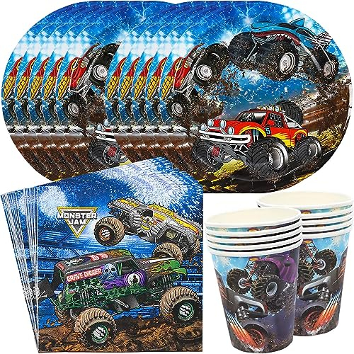 YGCHEN Monster Truck Vajilla de Fiesta Cumpleaños Cars Vajilla Coche de Carreras Decoracion Cubiertos Autos de Carreras Platos Vasos Papel Servilleta Cumpleaños Vajilla Set 10 Invitados