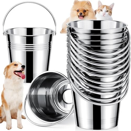 Hicarer 10 Stück Hunde-Eimer aus Edelstahl, robuster Wassereimer für Hunde, Metalleimer mit Griff, kleiner Metalleimer für Haustiere, Katzen, Welpen, Futter und Wasseraufbewahrung, Melken von Ziegen