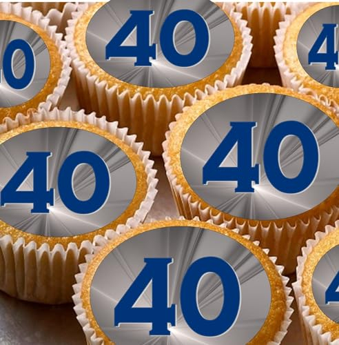 24 40th blue grey silver edible birthday party Cupcake Cake Toppers Wafer Rice Paper precut decoration