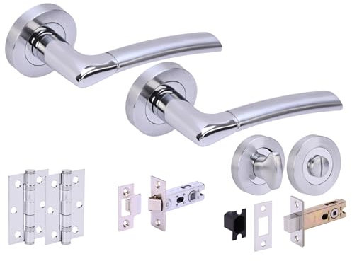 HANDLEZONE® Columba Premium Door Handles on Rose Bathroom Deadbolt Pack with 75mm Ball Bearing Hinges, 65mm Latch and Lock - Dual Polished/Satin Chrome