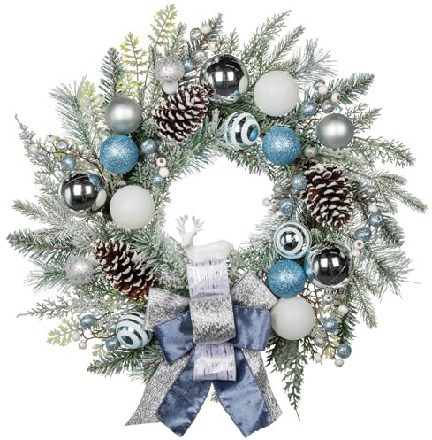 Briful 24 Christmas Wreath for Front Door, Artificial Winter Wreath Door Wreath with Pinecones, Berry Clusters, Blue Xmas Baubles and Ribbon for Thanksgiving Holiday Christmas Decorations