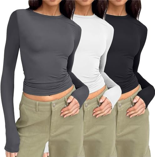 3 Pack Women's Black Long Sleeve Slim Fit Crop Tops Basic Y2k T-Shirt Casual Solid Color Crew Neck Tight Seamless Shirts Blouses Tees Cropped Tee