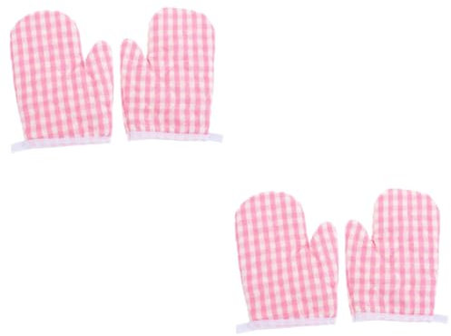 Amosfun 2 Pairs Kids Oven Mitts, Pink Checkered Heat-Resistant Baking Gloves, Play Kitchen Cooking Gloves for Kids Toddlers