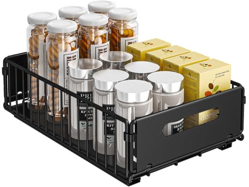 DongMaple Ausziehbare Schublade Küche mit Schienensystem Kein Bohren, Schrank Schubladen Faltbar mit Klebefolie, Slide Out Regal Aufbewahrungsbox Korb für Küche Speisekammer Badezimmer, Klein