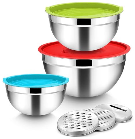 Joyfair Juego de 3 cuencos para mezclar, de acero inoxidable, con tapa hermética y 3 accesorios ralladores, ensaladera para hornear, cocinar, preparar, apilable y apto para lavavajillas, 4,5 L, 2,7 L,