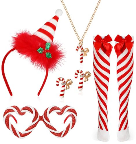 HOWAF Damen & Mädchen Zuckerstange Kostüm: Weihnachten Haarreif, Brille, Strümpfe, Halskette & Ohrringe - Rot, Einheitsgröße, Frauen, Weihnachtskostüm