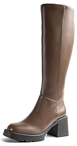 Cusolemore Stivali da donna Piattaforma Stivali alti al ginocchio con tacco grosso, punta quadrata moda, pratico stivali invernali cerniera, marrone, 40 EU