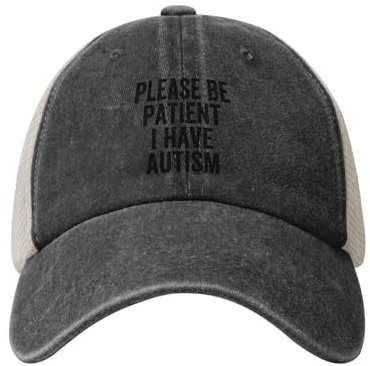 FJQWKLF Bitte seien Sie geduldig, ich Habe Autismus-Geschenke, Cowboyhut, Vintage-Mesh-Baseballkappe, Damen und Herren, Papa-Mütze, Trucker-Mütze, Schwarz