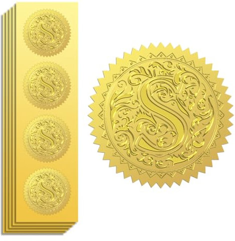 Peacoblue Gold Aufkleber - Geprägte Buchstaben S, 5cm, 100 Stück, Selbstklebende Goldfolie für Briefumschlag Siegel, Geschenk Dekor, Zertifikatpapier, Geburtstagsfeier Einladung