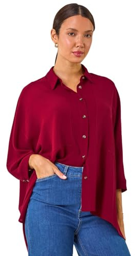 Roman Relaxed Smart Stretch Shirt for Women UK - Ladies Spring Everyday Summer Break 3/4 Length Sleeve Soft Classic Collar Comfy Lightweight Blouse Vacation Tops - Maroon - Size 20