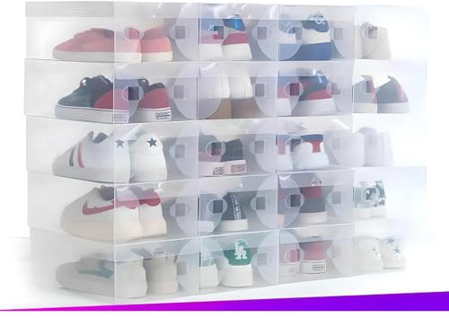 KERDEETE 20 Pack Shoe Storage Boxes, Clear Plastic Shoe Box 33x20x12cm, Stackable Shoe Boxes, Foldable Shoe Organiser Box for Closet/Hallway/Under Bed