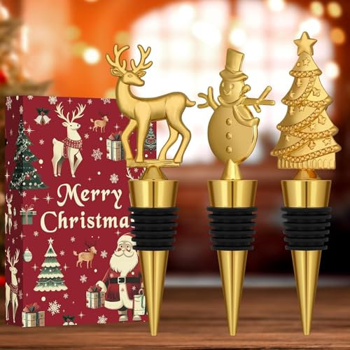 LKKCHER Regalos Navidad Juego de 3 piezas de oro, ciervo, muñeco de nieve, árbol de Navidad, tapón de botella de vino, regalos Navidad para mujeres y hombres, con embalaje de Navidad y tarjeta