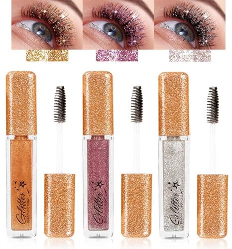 Glitzer Mascara, 3 Farben Glitter Wimperntusche Gold/Rosa/Galaxy, Volumen Bunt Mascara Wasserfest & Langlebig, Voluminöse Wimperntusche mit Glitzer für sehr Funkelnde Augen Make-up, Party/Hochzeit