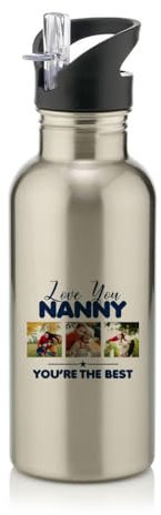 Giftme Personalised Photo, LOVE YOU NANNY YOU’RE THE BEST, Stainless Steel 600ml Water Bottle with Straw. (Silver)