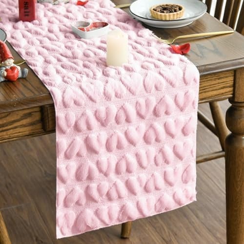 Artoid Mode Morbido peluche velluto Faux pelliccia Jacquard Rosa cuore San Valentino runner da tavolo, cucina tavolo decorazione vacanza festa decor 13x72 pollici (33x183 cm)