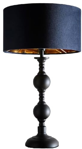 Britalia Black Metal Table Lamp, Navy Blue Velvet Shade, 46cm Height, Gold Inner Lining