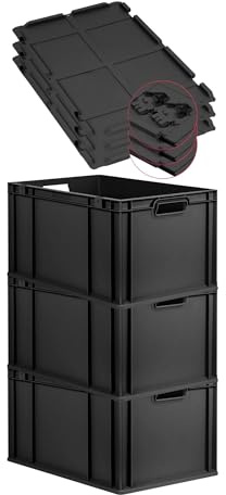 PROREGAL SuperSparSet 3x Eurobox NextGen Grip mit Scharnierdeckel & schwarzen Schiebeschnappverschlüssen, HxBxT 32x40x60cm, 65L, Schwarz, Griffe offen, Eurobehälter, Transportbox, Transportbehälter