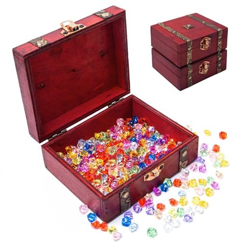Sixfolo 2 Stück Schatzkiste Holz Klein für Schatzsuche Kindergeburtstag | Vintage Schatztruhe Holz 13*11*5.5 cm,Piratenschatz Schatzkiste Kinder mit 300 Gefälschten Edelsteinen für Piratenparty