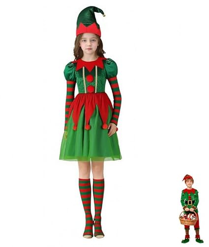 PILUZEAT Elfen Kostüm für Mädchen Kinder Weihnachten Elf Wichtel Grün Weihnachtskostüm Maskerade Neujahr Cosplay Mottoparty Karneval 110-160 CM