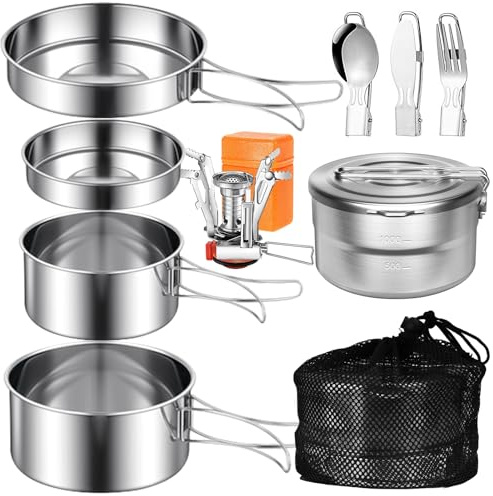 Camping Kochgeschirr Edelstahl Topfset, 10-teiliges Camping Kochgeschirr Set mit Camping Kochtopf Outdoor und Pfanne Set, 1.5L Camping Topf, Besteck und Kocher für Camping, Wandern und Picknick
