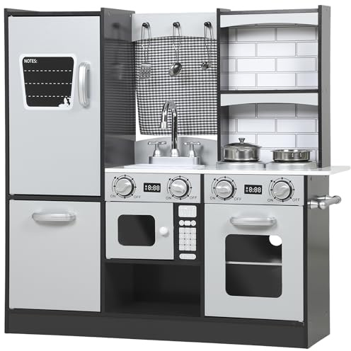 AIYAPLAY Cucina Giocattolo per Bambini 3-8Anni in Legno, 81x27x80cm Marrone | Cucina per Bambini, Cucinetta Giocattoli, Fornelli, Microonde, Armadietti, Lavandino, Pentole, Accessori in Acciaio Inox
