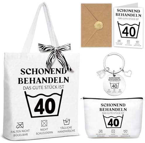 Happirra Lustige Geschenk zum 40/60 Geburtstag Frau - Stoffbeutel + Geburtstagskarte + Kosmetiktasche + Schlüsselanhänger, Geburtstagsgeschenk für Frauen - Schonend Behandeln 40/60 Jahre
