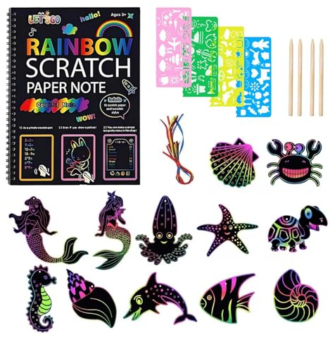 Ensemble de Scratch Art Animaux Marins pour,Grand Carnet à Gratter avec Feuilles à Gratter Représentant Des Animaux Marins,Stylets en Bois et Modèles,Activité Créative DIY pour Fêtes et Cadeaux