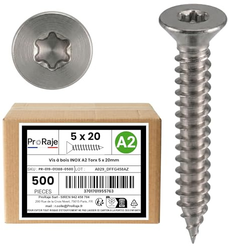 PRORAJE Vis à bois INOX A2 : 5x20 mm Tête fraisée TORX, LOT DE 500 Pcs | Filetage Total, Acier inoxydable A2 (V2A / AISI 304), Construction / aggloméré / terrasse, 5 x 20mm , 5x20mm, 5 x 20 mm