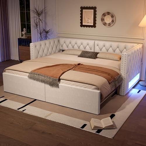 Gxffipw Schlafsofa Tagesbett 90x200 cm mit Ausziehbett und LED Licht, Polsterbett Sofabett mit Armlehnen und Nieten Design, Sofa Bett Bettgestell mit Lattenrost, Linen, Beige, Ohne Matratze