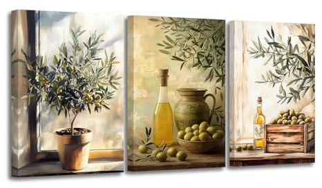 CXHOSTENT 3 teiliges Leinwandbilder mit Olivenmotiven Vintage Küchenbilder Wandbilder mit Olivenöl und Zweigen für rustikale Landhausdekoration(28.00 x 35.00 cms x 3PCS)