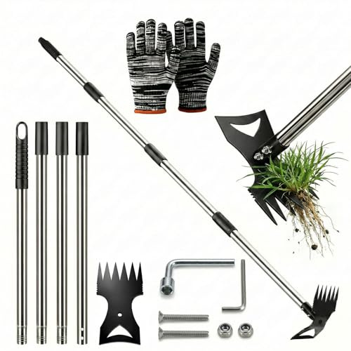 VinBee 150cm Weed Puller Tool with Long Handle, 2 in 1 Adjustable Manual Weeders for Uprooting, Heavy Duty Hand Weed Rake and Garden Hoe with Gloves, Weeding Tools for Yards, Lawns, Gardens, Patio