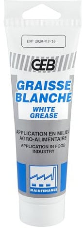 GEB Graisse blanche sans savon, spécial contact alimentaire pour lubrification des articulations, roulements, machines à café. Absence totale de toxicité. Tube 125ml
