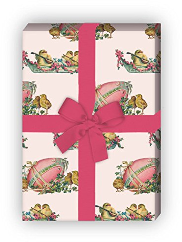 Kartenkaufrausch Süßes Vintage Oster Geschenkpapier Set mit Retro Küken für liebe Geschenkverpackung, DIY Projekte, Basteln, 4 Bogen, 32 x 48cm, rosa
