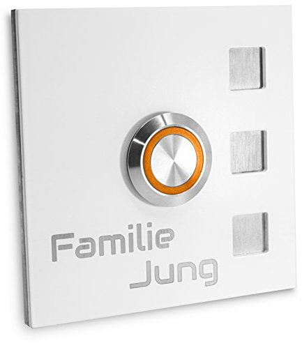 Jung-Edelstahl-Design Türklingel mit Gravur Köln Klingelplatte 7 x 7 cm. Led Taster Weiss pulverbeschichtetes Klingelschild V2a Edelstahl. (LED orange)