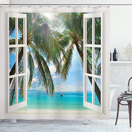 ABAKUHAUS Tropisch Duschvorhang, Fenster zum exotischen Strand, Stoffliches Gewebe Badezimmerdekorationsset mit Haken, 175 x 220 cm, Türkis Grün