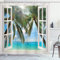ABAKUHAUS Tropisch Duschvorhang, Fenster zum exotischen Strand, Stoffliches Gewebe Badezimmerdekorationsset mit Haken, 175 x 220 cm, Türkis Grün