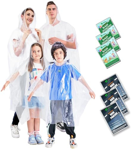 SWOGAA Disposable Rain Ponchos for Kids and Adults (Family 6 Pack) -50% Extra Thicker Men or Women Waterproof Emergency Rain Ponchos with Hood