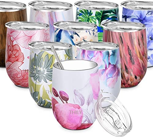 THILY Stainless Steel Insulated Wine Tumbler Stemless Wine Glass with Lid and Straw, Splash-Proof, Cute Travel Cup for Coffee, Cocktails, for Women, Mother, Wife, Girls, Lotus Flower