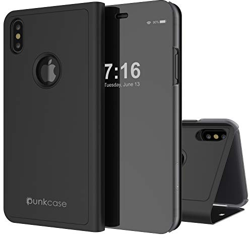 Punkcase Reflektor-Schutzhülle Handyhülle mit kratzfestem, durchsichtigem Spiegel, Rückseite aus rutschfestem PU-Leder mit integriertem Standfuß kompatibel mit Apple iPhone X & iPhone XS, schwarz