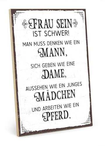 TypeStoff Holzschild mit Spruch – FRAU SEIN IST SCHWER – im Vintage-Look mit Zitat als Geschenk und Dekoration - HS-00608
