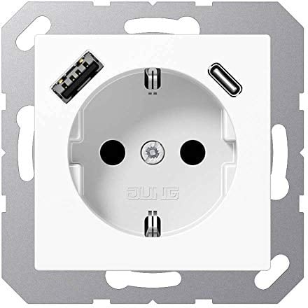 Jung A1520-15CAWW SCHUKO-Steckdose mit USB Typ AC (3A) mit erhöhtem Berührungsschutz (Thermoplast bruchsicher) Alpinweiß Serie A