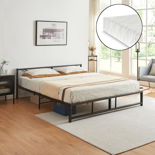 [en.casa] Bett Meran mit Matratze Metallbett 180 x 200 cm Doppelbett Bettgestell aus Metall Betten Stauraum unter dem Bett Bettrahmen Stahl Schwarz