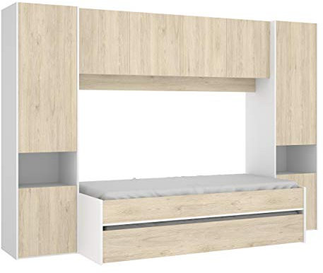 Mobelcenter - Cama Juvenil Nido con Altillo Kwai - Cama Juvenil Nido con 2 Armarios Altos y Altillo - Acabado Color Blanco y Natural - Ancho: 303 cm x Fondo: 97 cm x Alto: 203 cm - (1206)