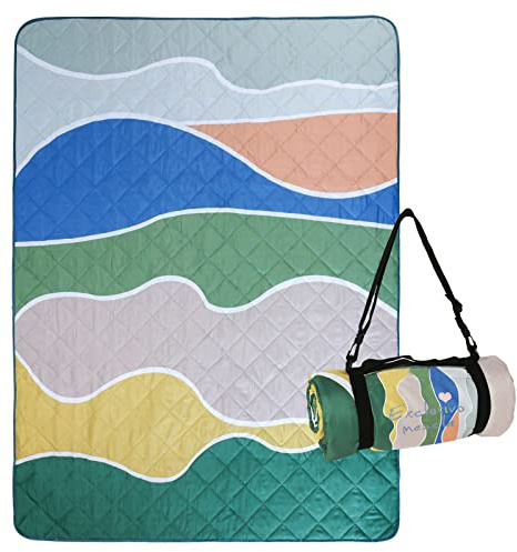 Exclusivo Mezcla Waterproof Picnic Blanket, Large Foldable Picnic Mat for Hiking Beach Camping, Machine Washable Outdoor Rug with Carry Strap, 150 x 200 cm, Waved Green