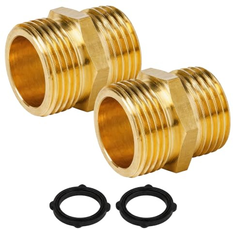 Hourleey Gartenschlauchadapter, 3/4 Zoll massive Messing-Schlauchverbinder, 2 Stück Schlauchverbinder mit 2 zusätzlichen Unterlegscheiben (Stecker auf Stecker)