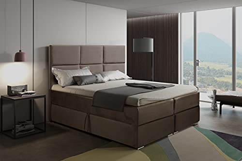 Boxspringbett 160x200 mit 2 Bettkasten - Doppelbett mit Federkernmatratze und Topper - Polsterbett mit Hebemechanismus für Schlafzimmer - Bett mit Kopfteil - Einfach zu Montieren (Cremig)