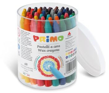 PRIMO – Farbige Wachsmalstifte, 48 Stück in Dose, mit 12 Farben für Kinder ab 3 Jahren, Hochfeste Stifte mit Intensiver Farbe für Schreibwaren und Kreative Arbeiten für Kinder, Keine Schmutzigen Hände