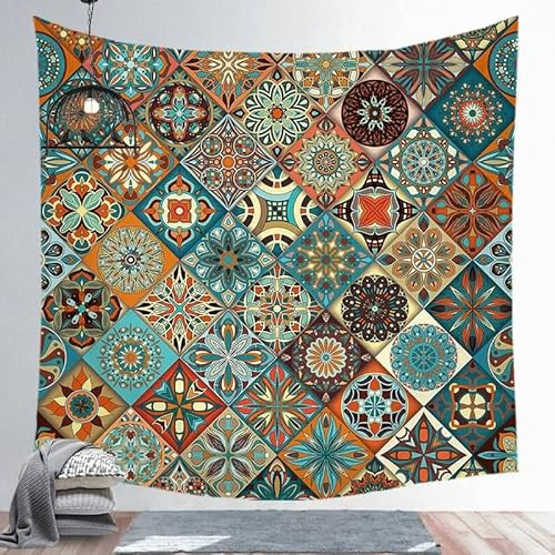 EHOMERY Wandteppiche Klein Wanddekoration Tapete Wohnzimmer Bunt Boho-Mandala Quadrate Wandtuch XXL Natur Wandbehang Wandschmuck Groß Schlafzimmer Wohnzimmer Wanddekoration 150X200Cm