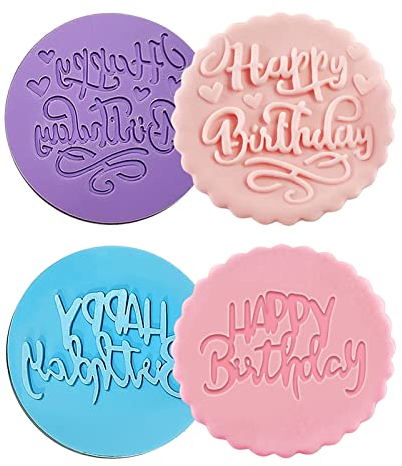 Juego de 2 cortadores de galletas redondos para galletas de feliz cumpleaños, molde de masa de fondant para niños, fabricación de galletas (A) (A)
